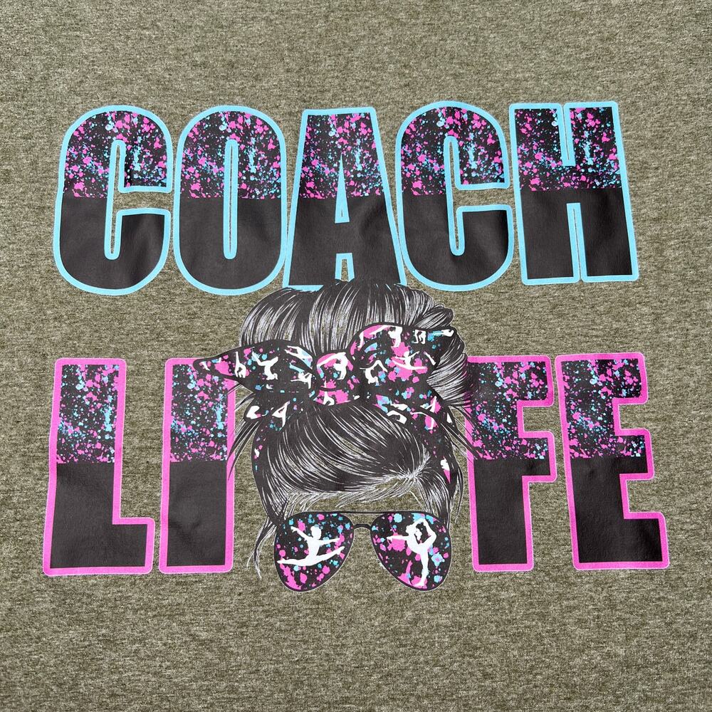 Gymnastic Coach Life Messy Bun Heather Green Tee Large